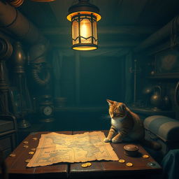 Inside the dimly lit cabin of a pirate ship, an atmosphere of mystery and adventure pervades the space