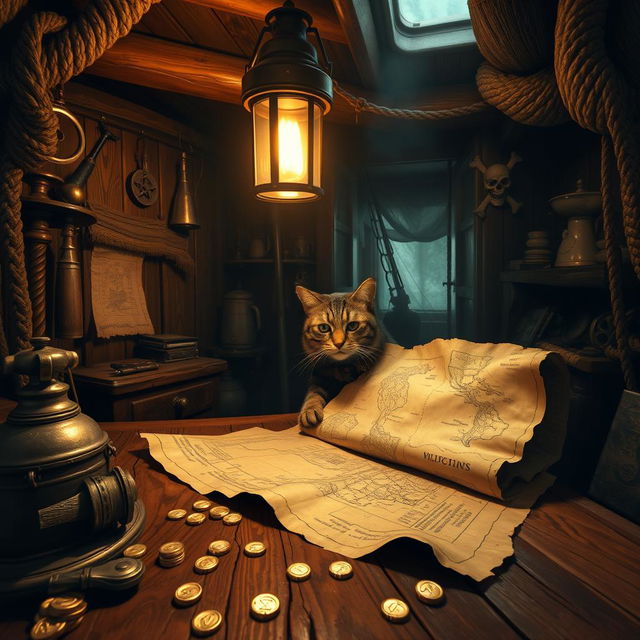 Inside the dimly lit cabin of a pirate ship, an atmosphere of mystery and adventure pervades the space