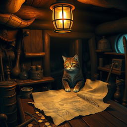 Inside the dimly lit cabin of a pirate ship, an atmosphere of mystery and adventure pervades the space
