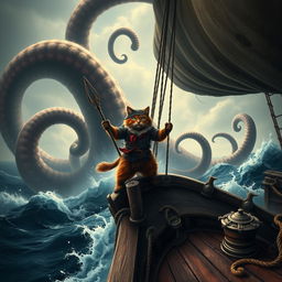 A dramatic and captivating scene depicting the fearless pirate cat standing bravely at the bow of a rugged ship, facing an awe-inspiring challenge as a massive kraken emerges from the depths of the ocean