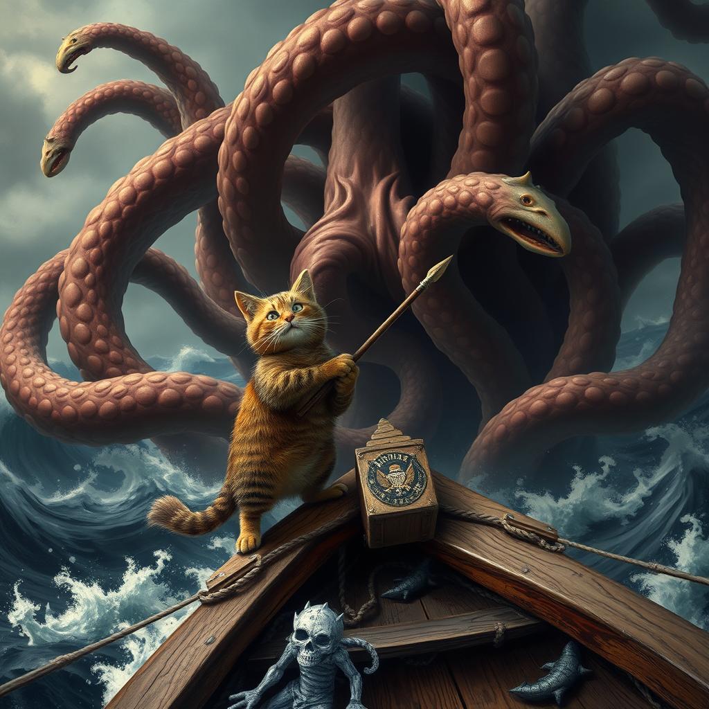 A dramatic and captivating scene depicting the fearless pirate cat standing bravely at the bow of a rugged ship, facing an awe-inspiring challenge as a massive kraken emerges from the depths of the ocean