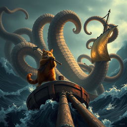 A dramatic and captivating scene depicting the fearless pirate cat standing bravely at the bow of a rugged ship, facing an awe-inspiring challenge as a massive kraken emerges from the depths of the ocean