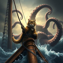 A dramatic and captivating scene depicting the fearless pirate cat standing bravely at the bow of a rugged ship, facing an awe-inspiring challenge as a massive kraken emerges from the depths of the ocean