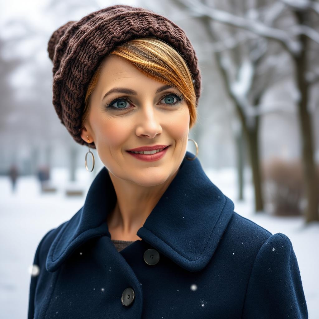 A captivating Russian woman aged 45 to 50 with a stylish and modern hairstyle that frames her face beautifully