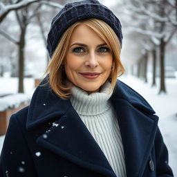 A captivating Russian woman aged 45 to 50 with a stylish and modern hairstyle that frames her face beautifully