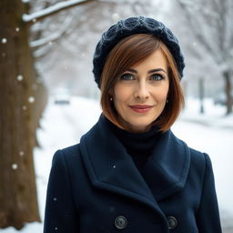 A captivating Russian woman aged 45 to 50 with a stylish and modern hairstyle that frames her face beautifully