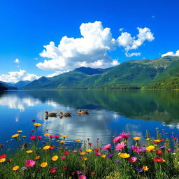 A stunning landscape of a serene lake surrounded by lush green mountains under a bright blue sky