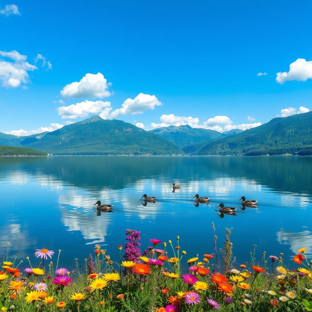 A stunning landscape of a serene lake surrounded by lush green mountains under a bright blue sky