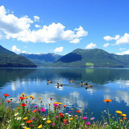 A stunning landscape of a serene lake surrounded by lush green mountains under a bright blue sky