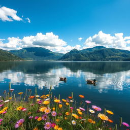 A stunning landscape of a serene lake surrounded by lush green mountains under a bright blue sky