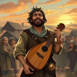 A 30-year-old bard named Maximiliano, with a rugged yet charming appearance, wearing rustic clothing suitable for traveling through small villages