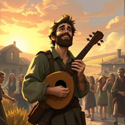 A 30-year-old bard named Maximiliano, with a rugged yet charming appearance, wearing rustic clothing suitable for traveling through small villages