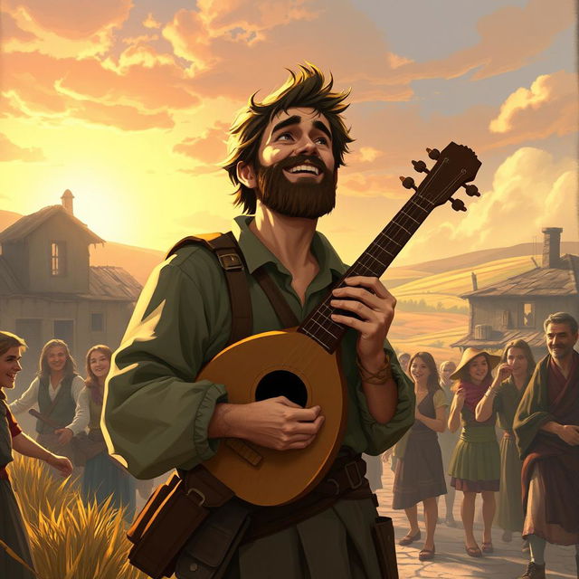 A 30-year-old bard named Maximiliano, with a rugged yet charming appearance, wearing rustic clothing suitable for traveling through small villages