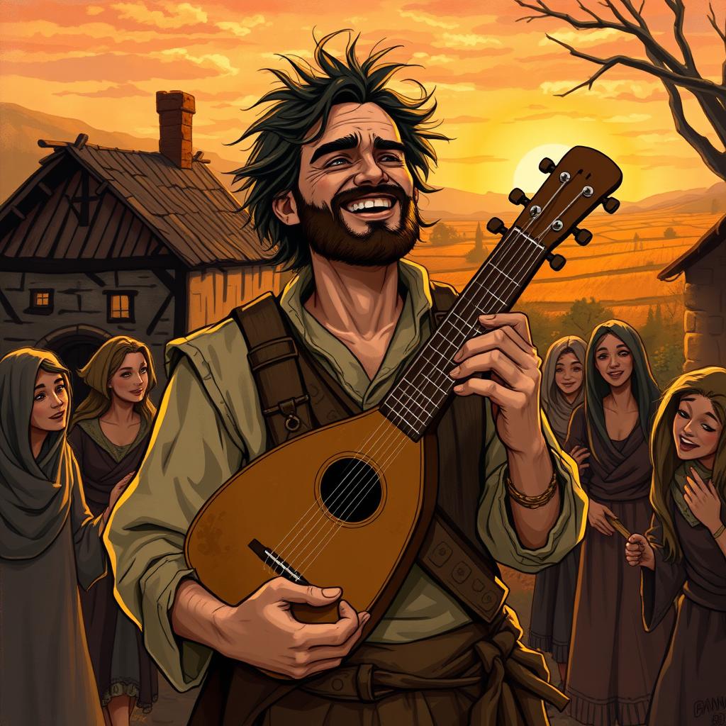 A 30-year-old bard named Maximiliano, with a rugged yet charming appearance, wearing rustic clothing suitable for traveling through small villages