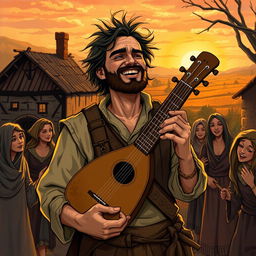 A 30-year-old bard named Maximiliano, with a rugged yet charming appearance, wearing rustic clothing suitable for traveling through small villages