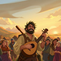 A 30-year-old bard named Maximiliano, with a rugged yet charming appearance, wearing rustic clothing suitable for traveling through small villages