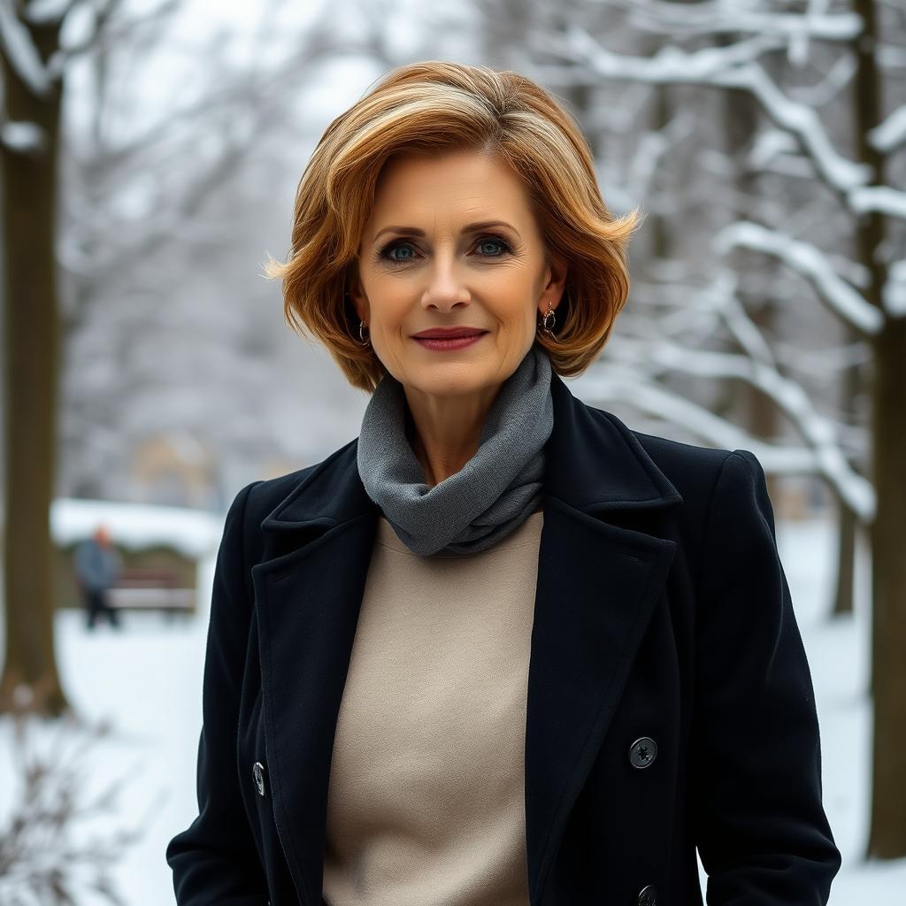 A stylish and elegant Russian woman aged 45-50, featuring a fashionable hairstyle