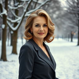 A stylish and elegant Russian woman aged 45-50, featuring a fashionable hairstyle