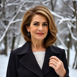 A stylish and elegant Russian woman aged 45-50, featuring a fashionable hairstyle