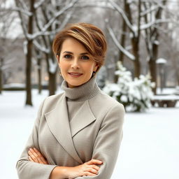 A stylish and elegant Russian woman aged 45-50, featuring a fashionable hairstyle