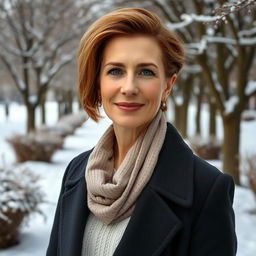 A sophisticated and alluring Russian woman aged 45-50 with a trendy hairstyle