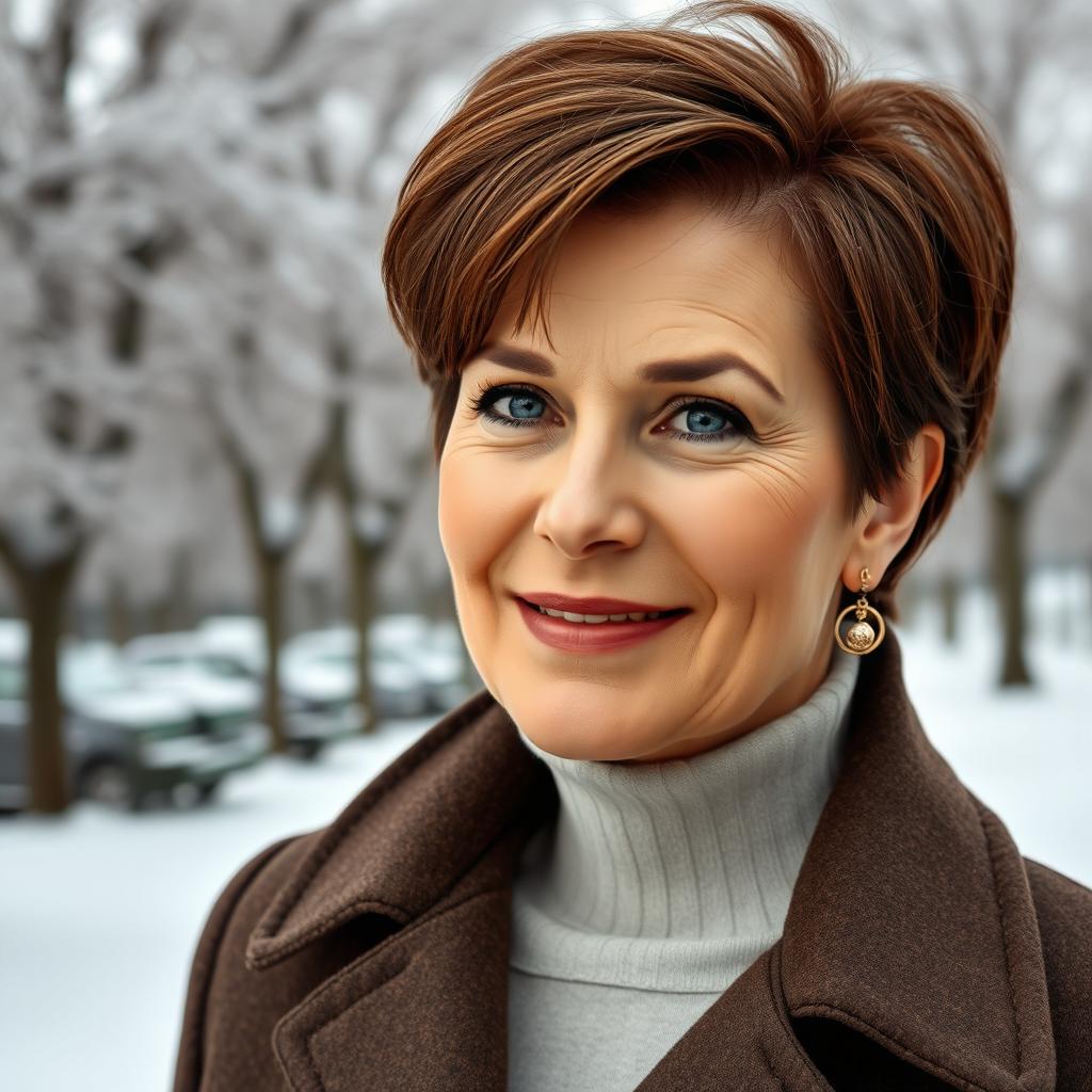 A sophisticated and alluring Russian woman aged 45-50 with a trendy hairstyle