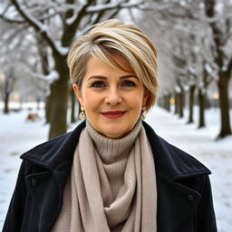 A sophisticated and alluring Russian woman aged 45-50 with a trendy hairstyle