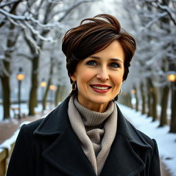 A sophisticated and alluring Russian woman aged 45-50 with a trendy hairstyle