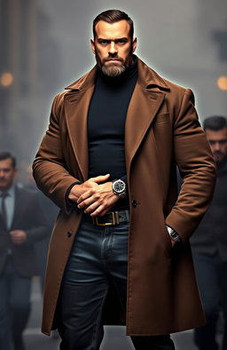 A menacing, tall, massive and muscular man stands confidently, wearing a fitted black turtleneck underneath an unbuttoned brown coat