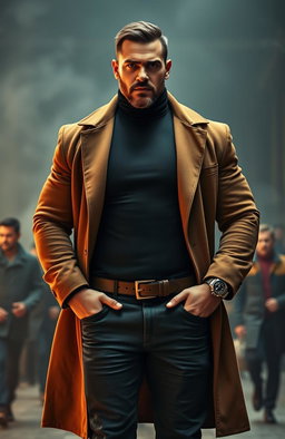 A menacing, tall, massive and muscular man stands confidently, wearing a fitted black turtleneck underneath an unbuttoned brown coat