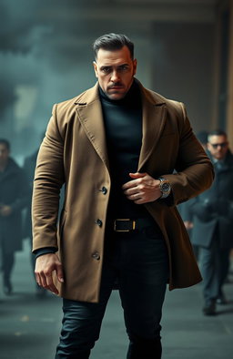 A menacing, tall, massive and muscular man stands confidently, wearing a fitted black turtleneck underneath an unbuttoned brown coat