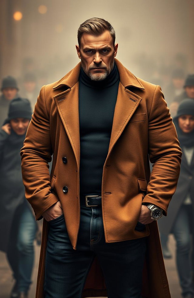 A menacing, tall, massive and muscular man stands confidently, wearing a fitted black turtleneck underneath an unbuttoned brown coat