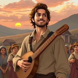 A 30-year-old bard named Maximiliano, looking more polished and refined, with neatly styled hair and well-fitted rustic clothing suitable for entertaining in small villages