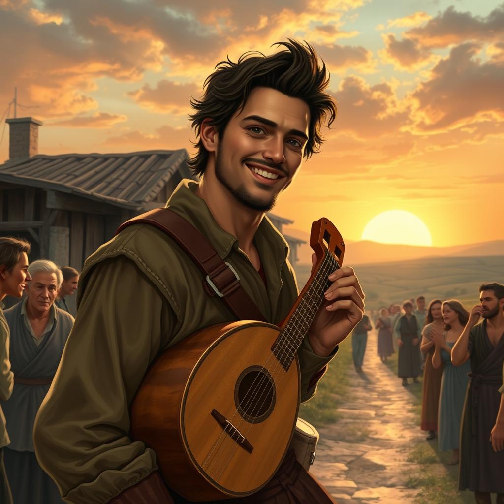 A 30-year-old bard named Maximiliano, looking more polished and refined, with neatly styled hair and well-fitted rustic clothing suitable for entertaining in small villages