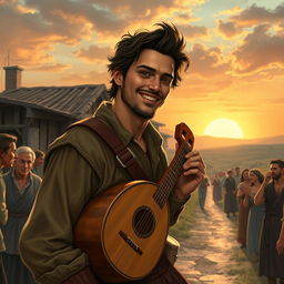 A 30-year-old bard named Maximiliano, looking more polished and refined, with neatly styled hair and well-fitted rustic clothing suitable for entertaining in small villages