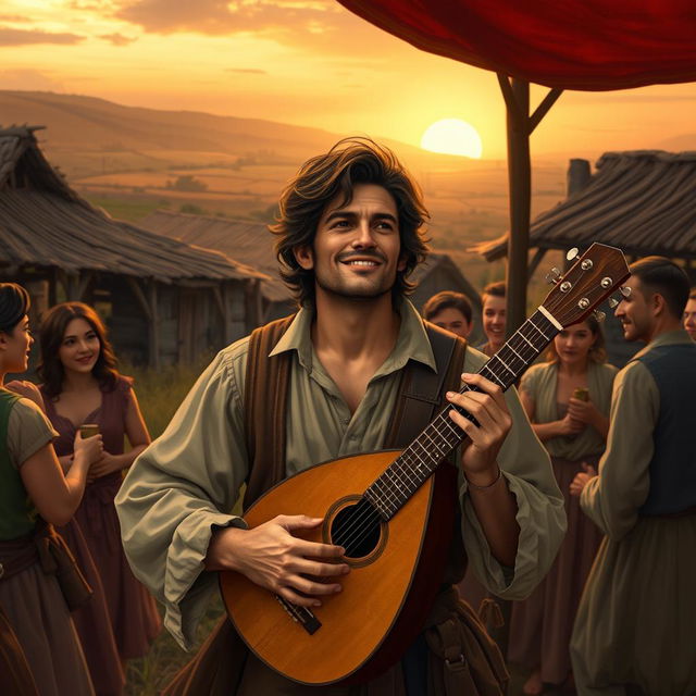 A 30-year-old bard named Maximiliano, looking more polished and refined, with neatly styled hair and well-fitted rustic clothing suitable for entertaining in small villages