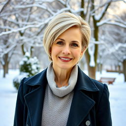 An attractive Russian woman aged 45-50 with a chic, trendy hairstyle