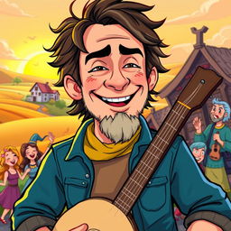 A cartoon-style depiction of a 30-year-old bard named Maximiliano, with exaggerated features that emphasize his rugged yet charming personality