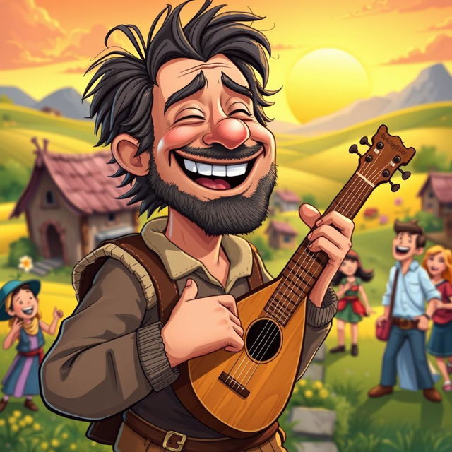 A cartoon-style depiction of a 30-year-old bard named Maximiliano, with exaggerated features that emphasize his rugged yet charming personality
