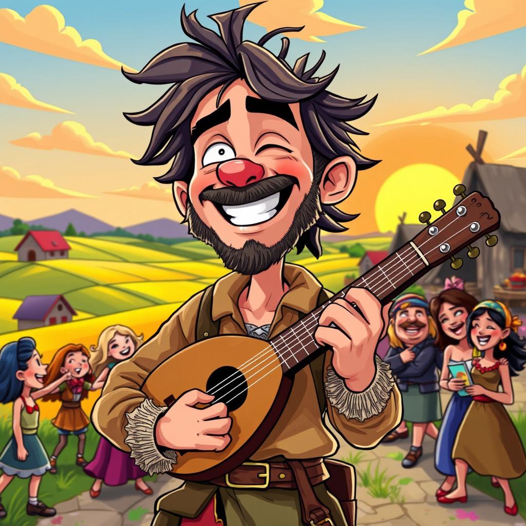 A cartoon-style depiction of a 30-year-old bard named Maximiliano, with exaggerated features that emphasize his rugged yet charming personality