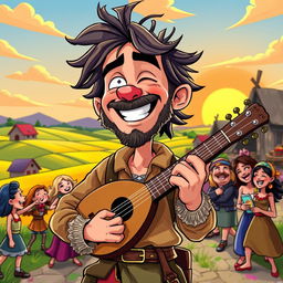 A cartoon-style depiction of a 30-year-old bard named Maximiliano, with exaggerated features that emphasize his rugged yet charming personality