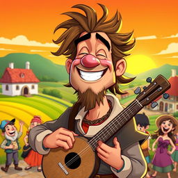 A cartoon-style depiction of a 30-year-old bard named Maximiliano, with exaggerated features that emphasize his rugged yet charming personality