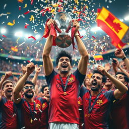 A dynamic scene featuring Lamine Yamal, a young and talented football player, joyfully lifting the Supercopa de España trophy above his head in celebration