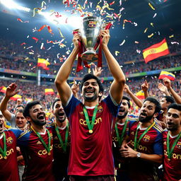 A dynamic scene featuring Lamine Yamal, a young and talented football player, joyfully lifting the Supercopa de España trophy above his head in celebration