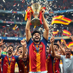 A dynamic scene featuring Lamine Yamal, a young and talented football player, joyfully lifting the Supercopa de España trophy above his head in celebration