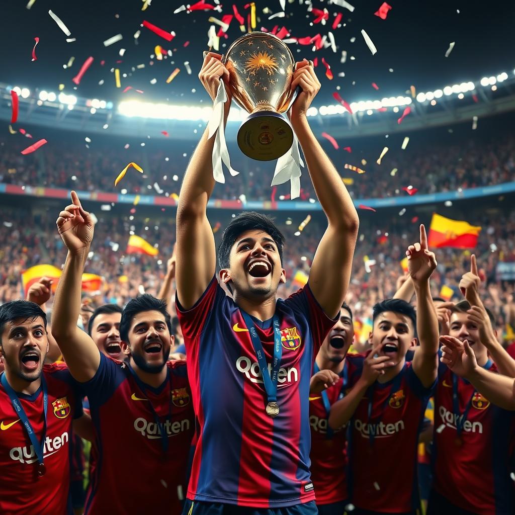 A dynamic scene featuring Lamine Yamal, a young and talented football player, joyfully lifting the Supercopa de España trophy above his head in celebration