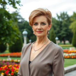 An elegant and alluring Russian woman aged 45-50 with a modern, fashionable hairstyle