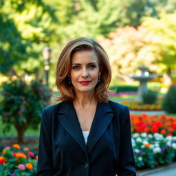An elegant and alluring Russian woman aged 45-50 with a modern, fashionable hairstyle