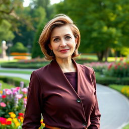 An elegant and alluring Russian woman aged 45-50 with a modern, fashionable hairstyle