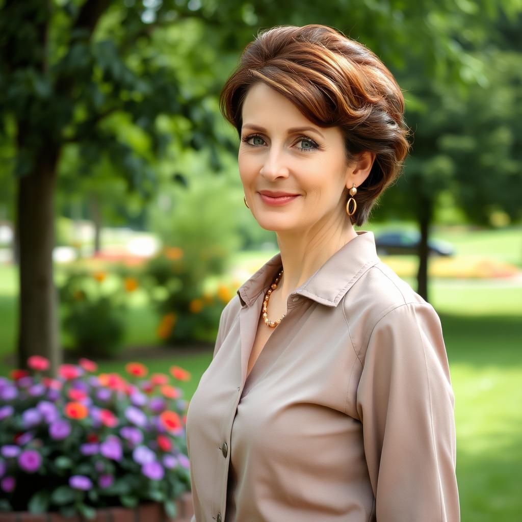 An elegant and attractive Russian woman aged 45-50 with a fashionable hairstyle